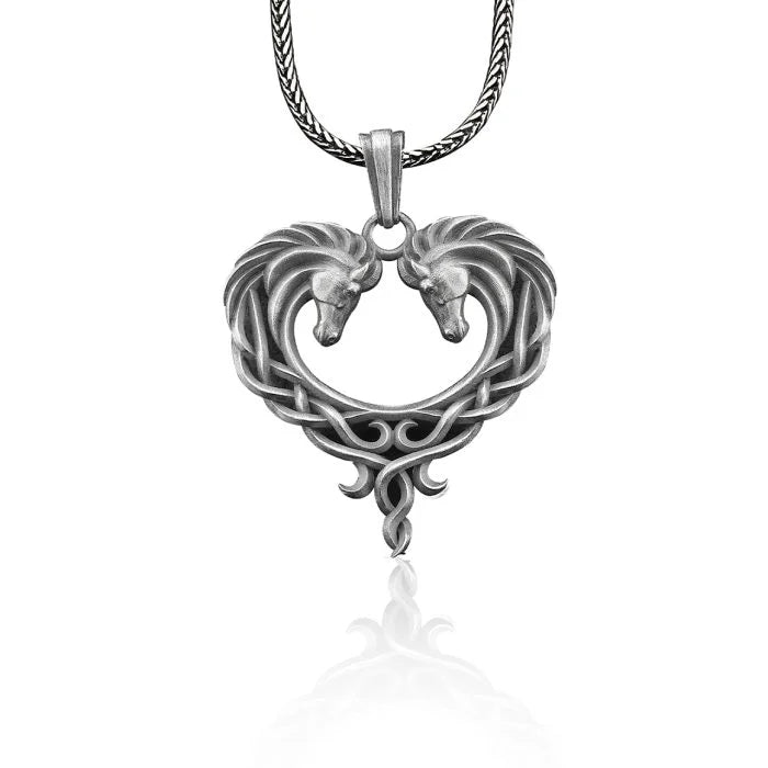 Heart-shaped Horse Couple Silver Necklace