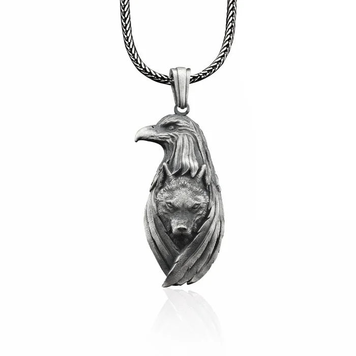 The Wolf Under The Eagle Wings Silver Necklace