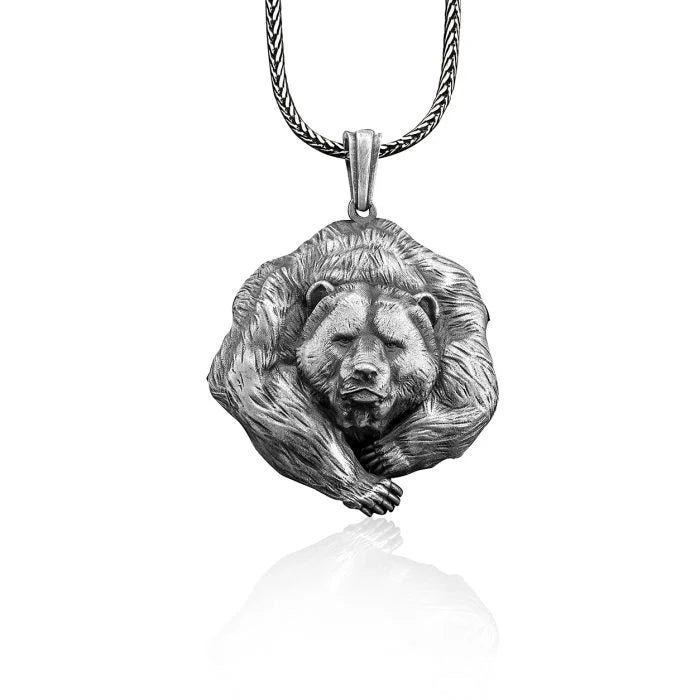 Relief Walking Bear Medallion Silver Necklace
