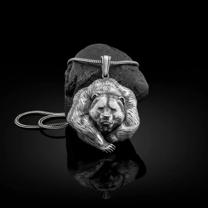 Relief Walking Bear Medallion Silver Necklace