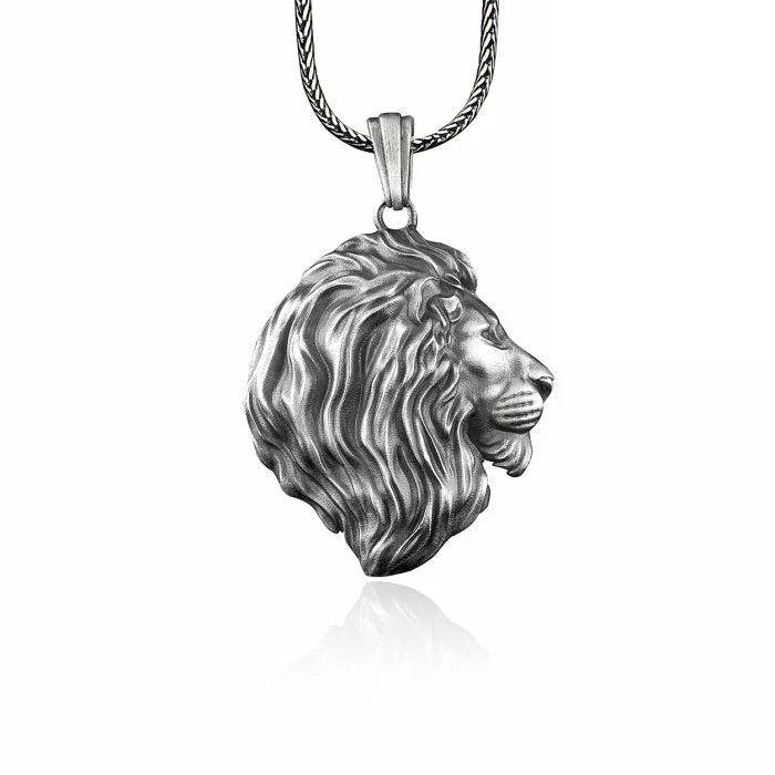 Side Portrait Lion Head Silver Necklace