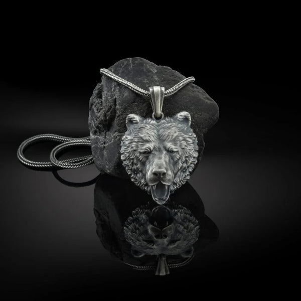 3D Bear Head Silver Necklace