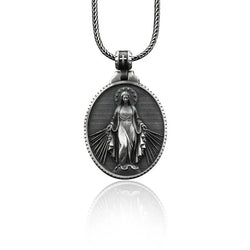 Miraculous Virgin Mary Oval Silver Necklace