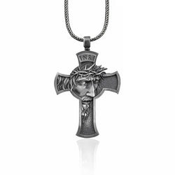 Jesus Christ Portrait on Cross Silver Necklace