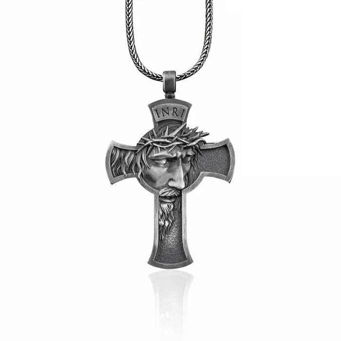 Jesus Christ Portrait on Cross Silver Necklace