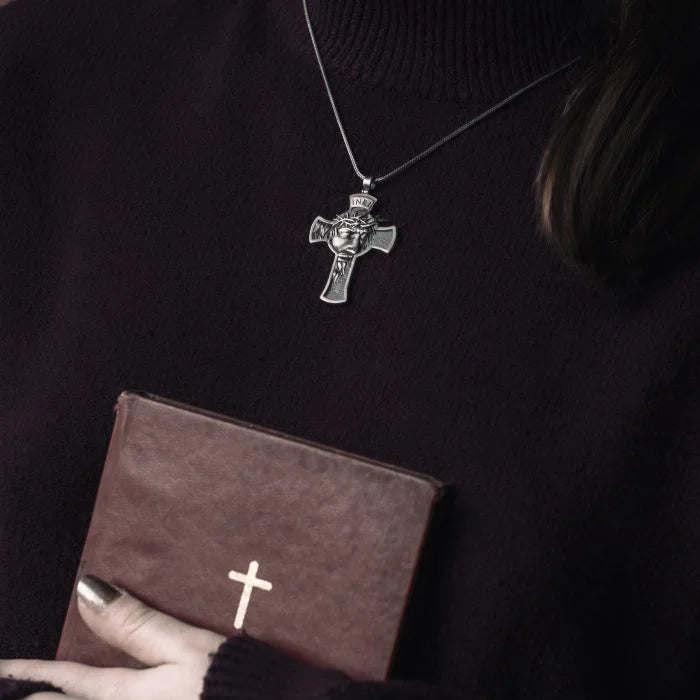 Jesus Christ Portrait on Cross Silver Necklace