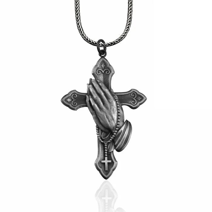 Praying Hand and Crucifix Silver Necklace