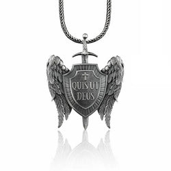 Archangel Quis ut Deus Winged Silver Necklace