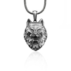 3D Geometric Wolf Head Silver Necklace