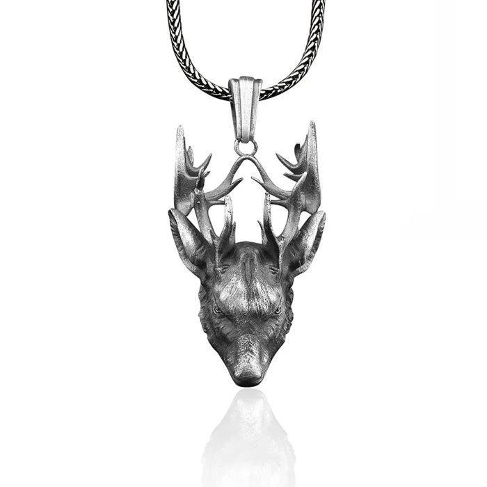 3D Deer Head Silver Necklace