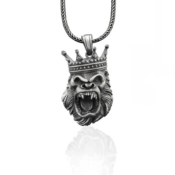 3D African Gorilla King Silver Necklace