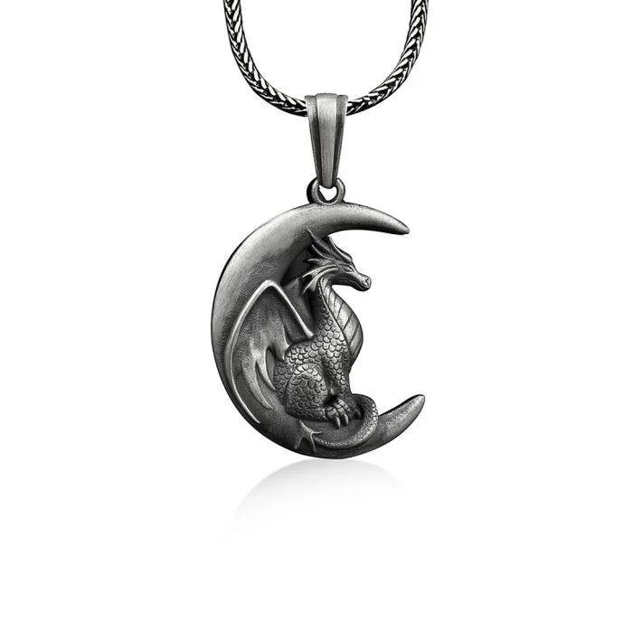 Dragon in Crescent Moon Necklace