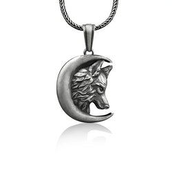 Wolf In Crescent Moon Silver Necklace