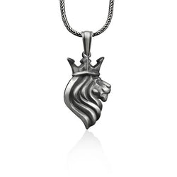 Maned Lion with Crown Silver Necklace